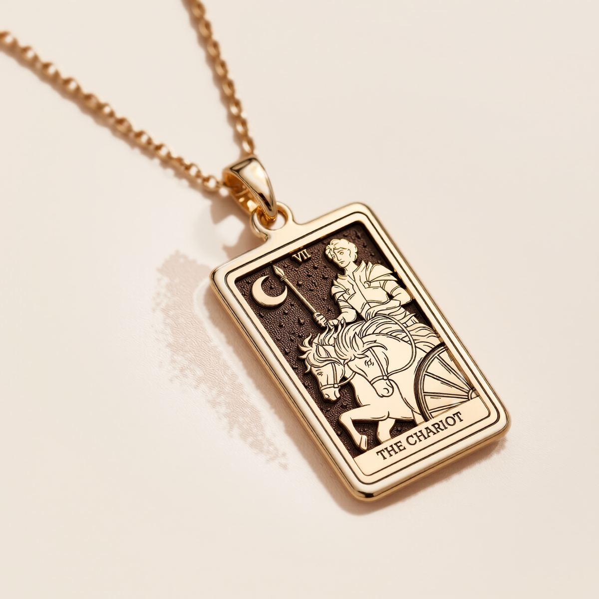 Chariot Sphinx Tarot Pendant Necklaces 14K 14K Gold Plated rectangular pendant featuring a classical chariot design necklace.
