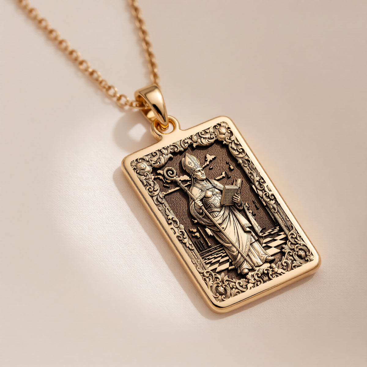 Chess Bishop Strategist Pendant Necklaces 14K 14K Gold Plated rectangular pendant featuring a classical figure design on black velvet.