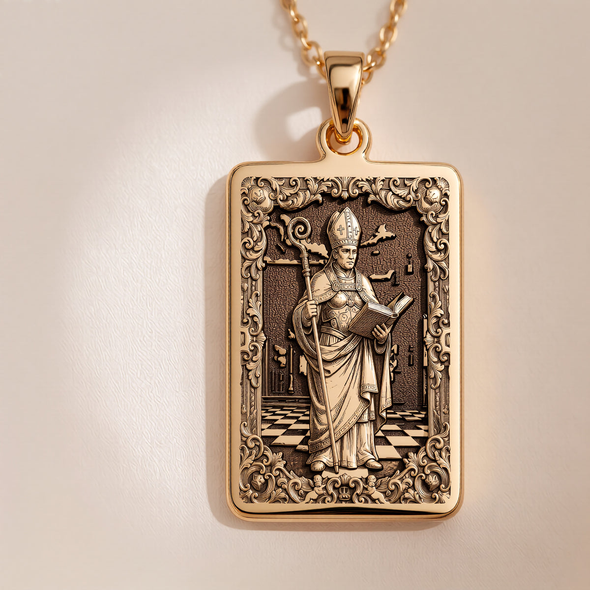 Chess Bishop Strategist Pendant Necklaces 14K 14K Gold Plated pendant necklace with classical figure engraving and amethyst stones