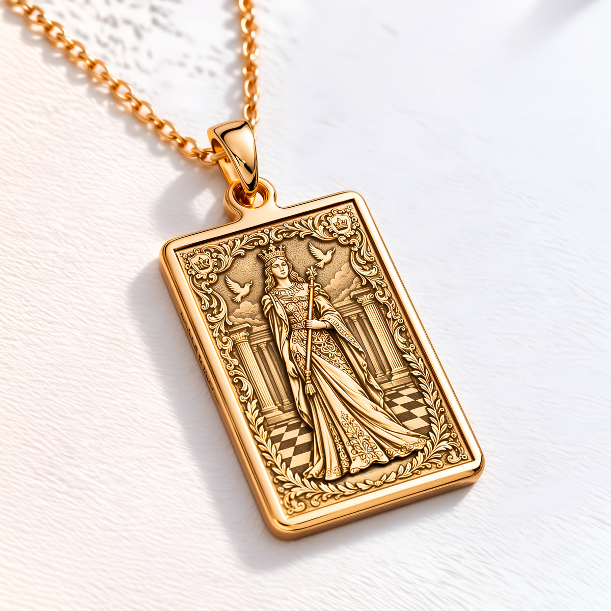 Chess Queen Strategic Power Pendant - 14K Solid Gold, Right Angle View