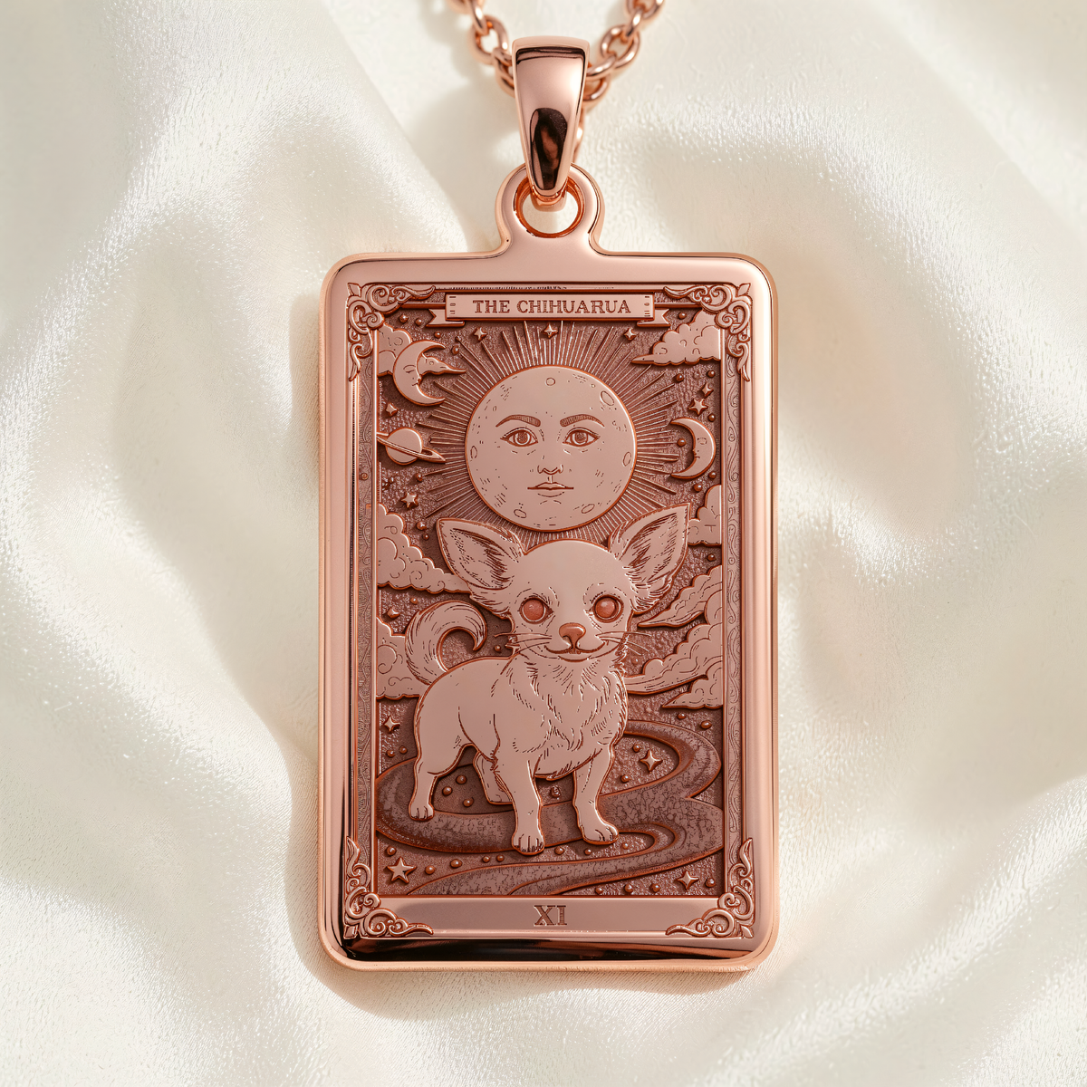 Chihuahua Tarot Pet Charm pendant in rose gold plated finish, front view with moon, stars and Roman numeral XI.