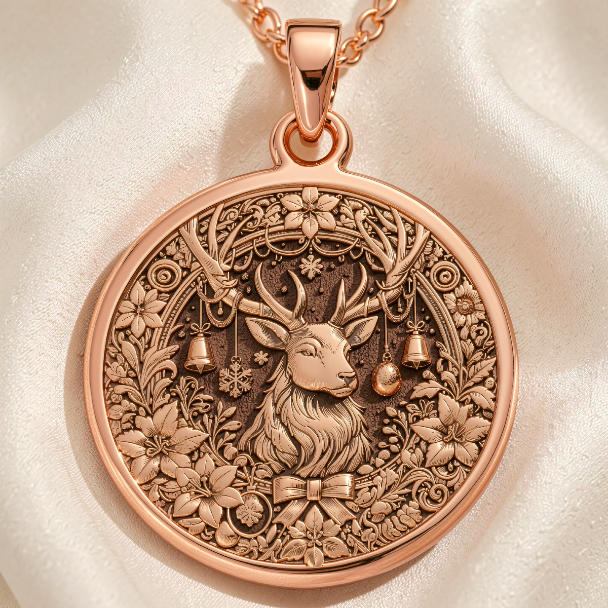 Christmas Deer Necklace | Silver & Plated Options - Wildlife Nature Spirit Animal Festive - 14K Rose Gold Plated Front View