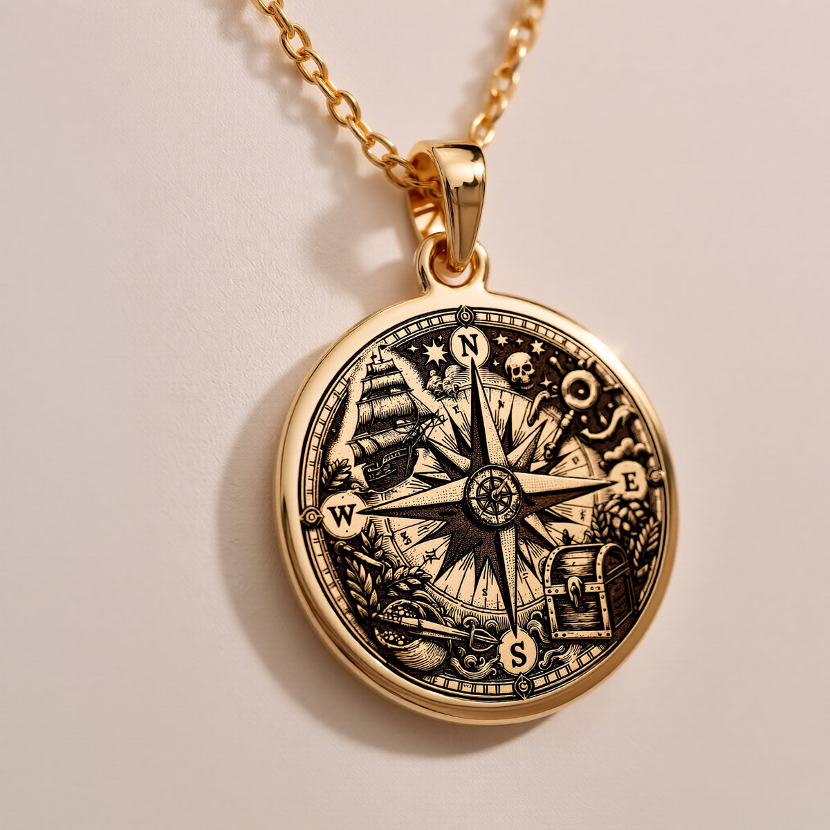 Compass Amulet Necklace Necklaces 14K 14K Gold Plated round pendant with compass rose and skull design necklace - View 6
