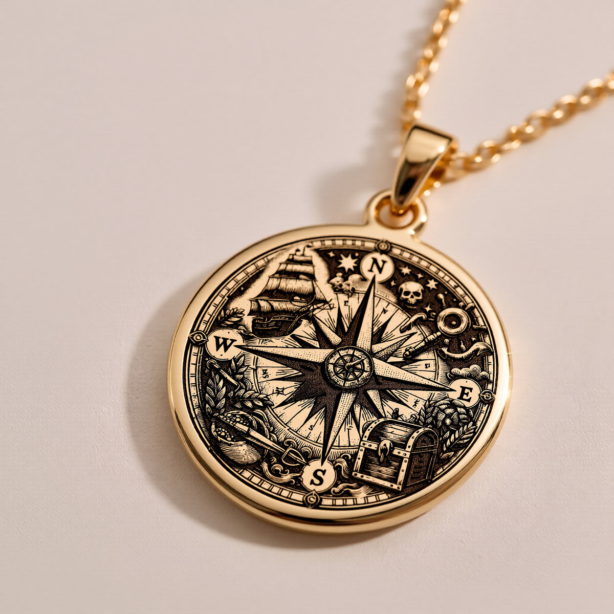 Compass Amulet Necklace - 14K Solid Gold