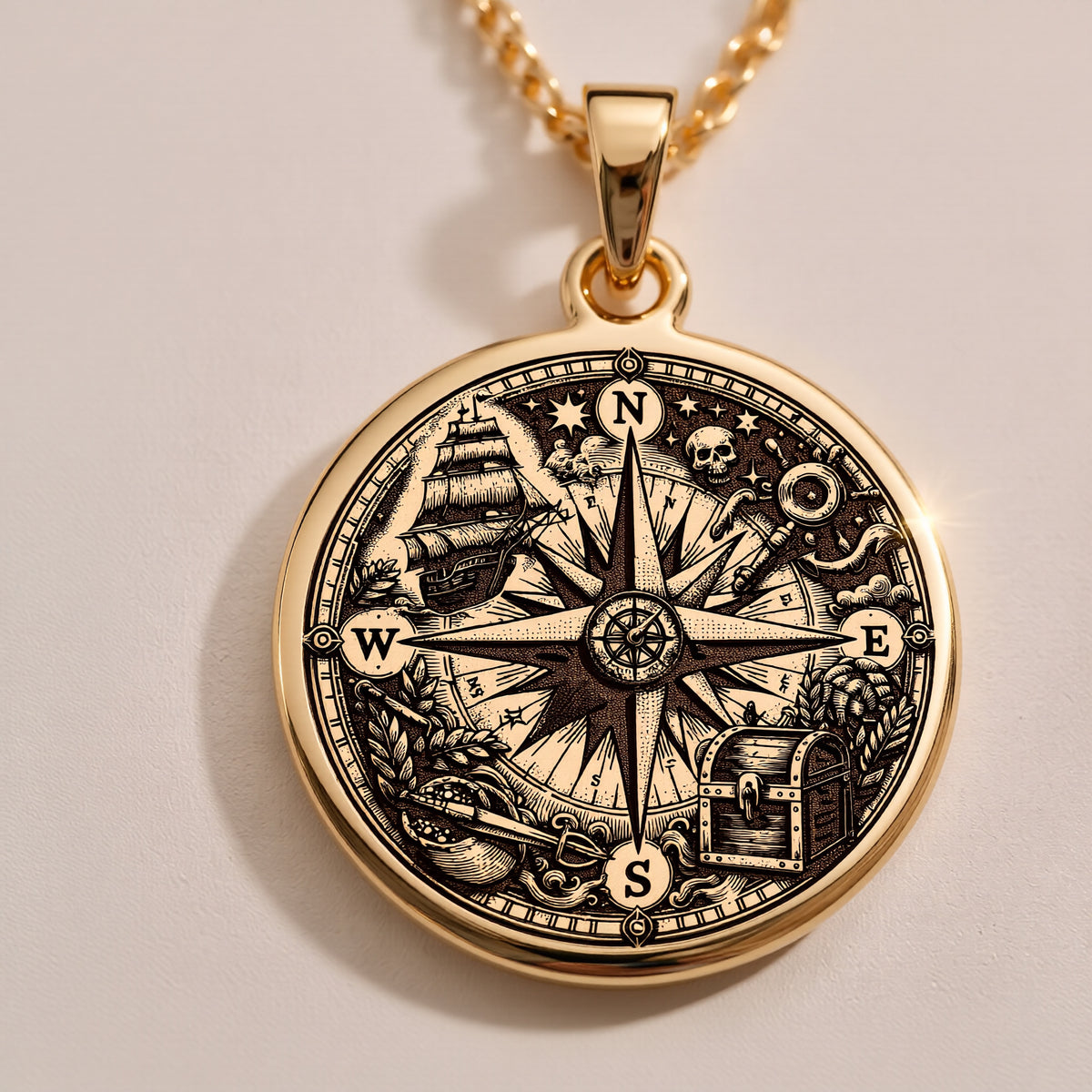 Compass Amulet Necklace - 14K Solid Gold