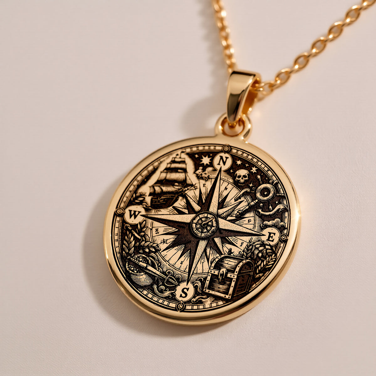 Compass Amulet Necklace - 14K Solid Gold