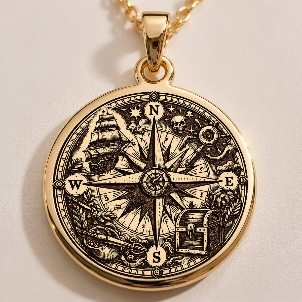 Compass Amulet Necklace Necklaces 14K 14K Gold Plated round pendant with compass rose and skull design necklace - View 1