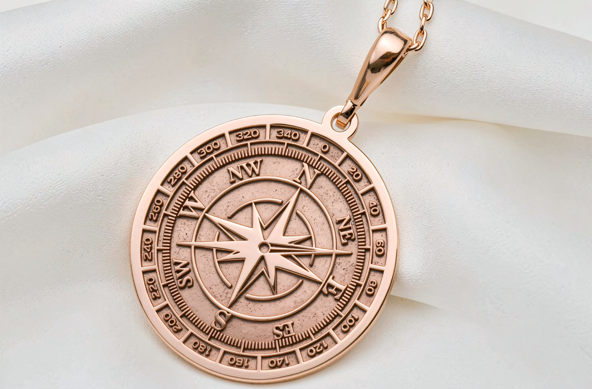 Compass Pendant Necklace - Nautical Traveler Gift - 14K Rose Gold Plated Front View