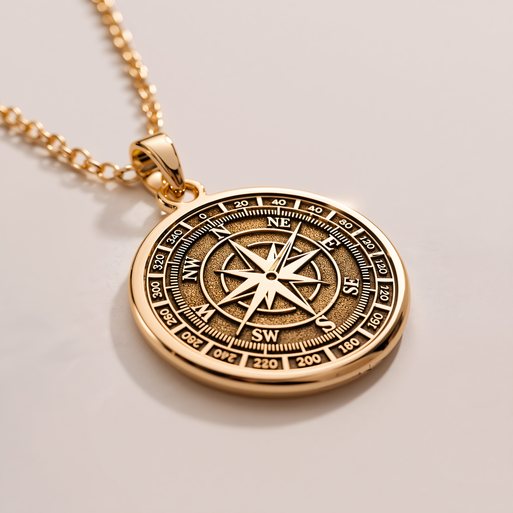 Compass Directional Pendant - 14K Solid Gold, Left Angle View