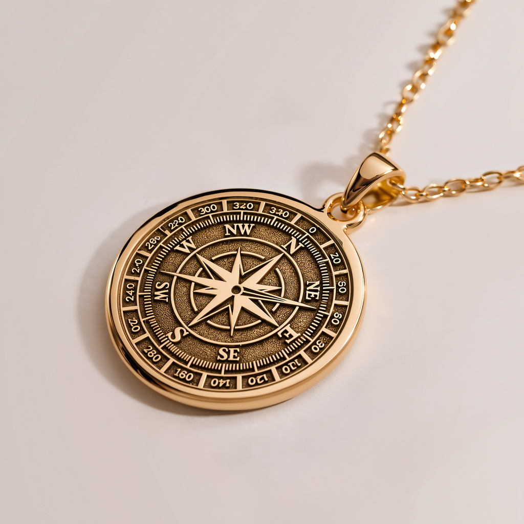 Compass Directional Pendant - 14K Solid Gold, Right Angle View