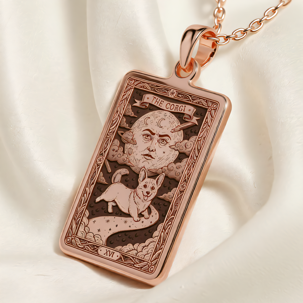Corgi Tarot Pendant Necklace - Silver Card Pet Memorial - 14K Rose Gold Plated Front Right Angle