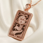 Corgi Tarot Pendant Necklace - Silver Card Pet Memorial - 14K Rose Gold Plated Front Right Angle