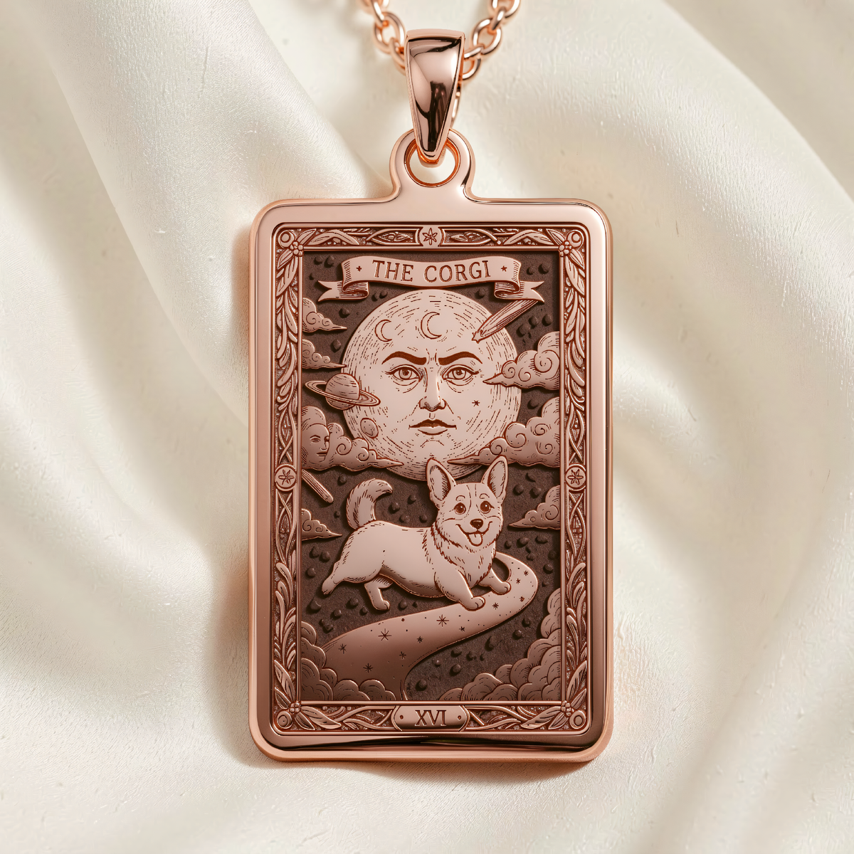 Corgi Tarot Pendant Necklace - Silver Card Pet Memorial - 14K Rose Gold Plated Front View