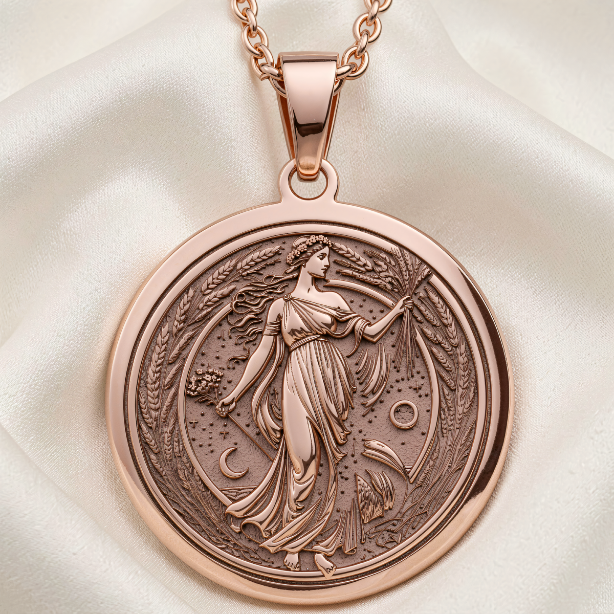 Cornucopia Harvest Goddess Necklace | Silver & Plated Options - Ancient Mythology Protection Talisman - 14K Rose Gold Plated Front View