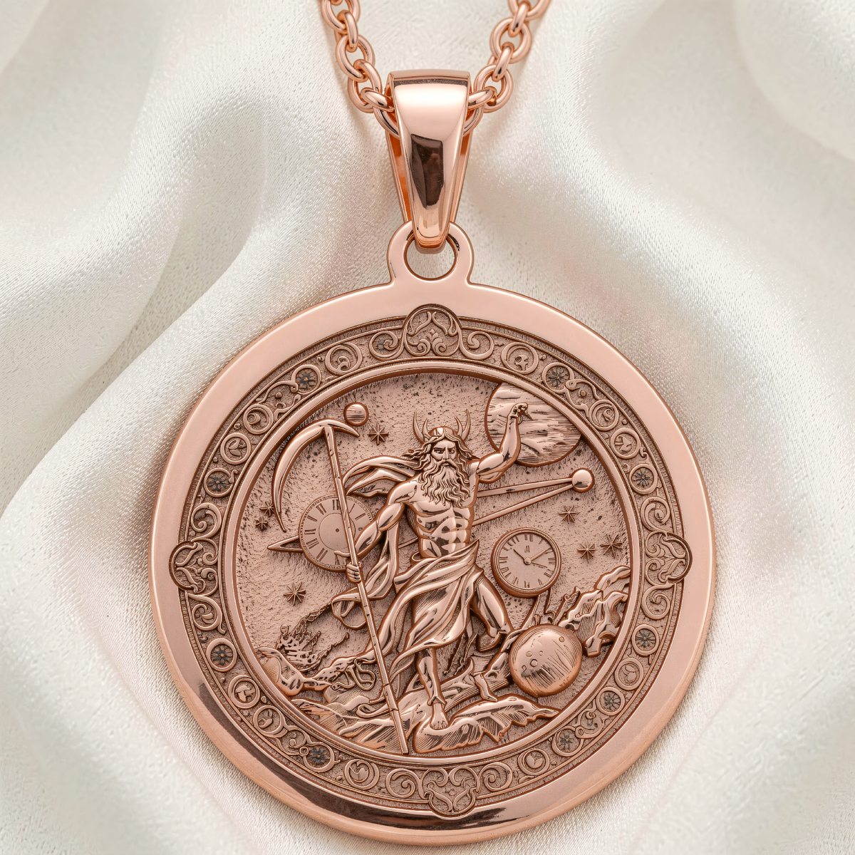 Cronus Titan Time Lord Necklace | Silver & Plated Options - Ancient Mythology Protection Talisman - 14K Rose Gold Plated Front View