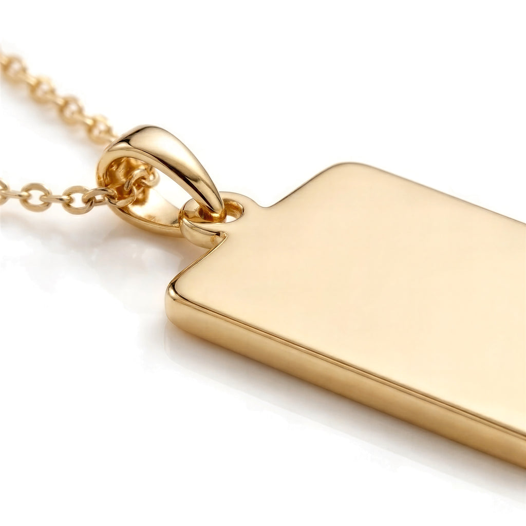 Custom Engravable Blank Rectangle Bar Pendant - 14K Solid Gold 0.8mm Slim Edge Profile & Tapered Bail Detail