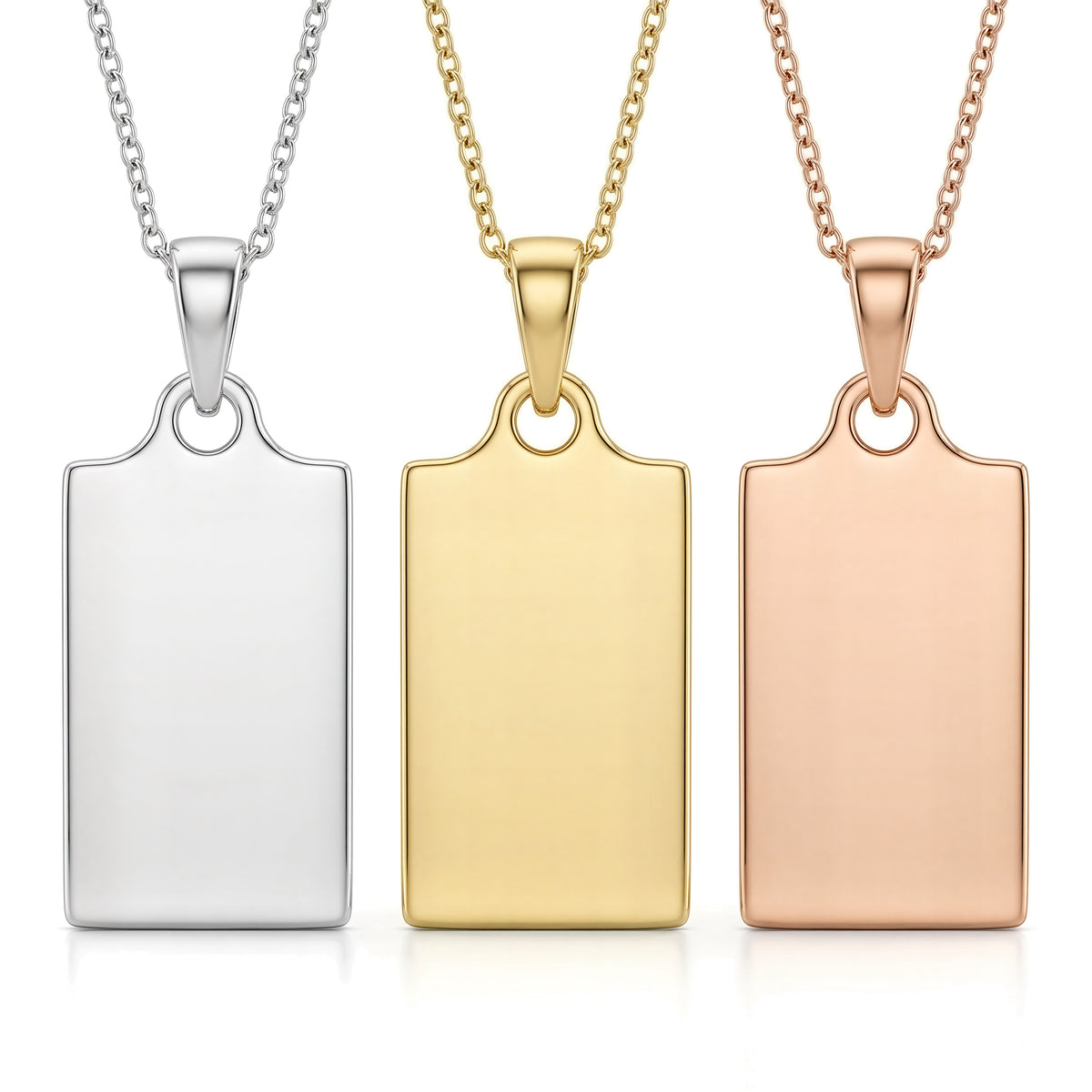 Custom Engravable Blank Rectangle Bar Pendant - 925 Sterling Silver, 14K Gold Plated & 14K Rose Gold Plated Trio Comparison