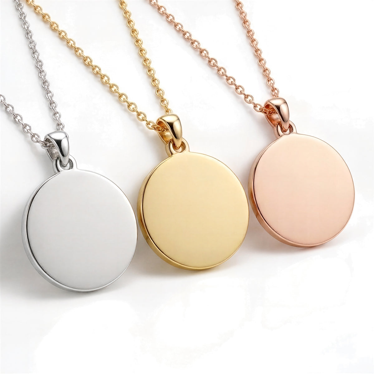 Custom Engravable Blank Coin Pendant - 925 Sterling Silver, 14K Gold Plated & 14K Rose Gold Plated Trio Comparison