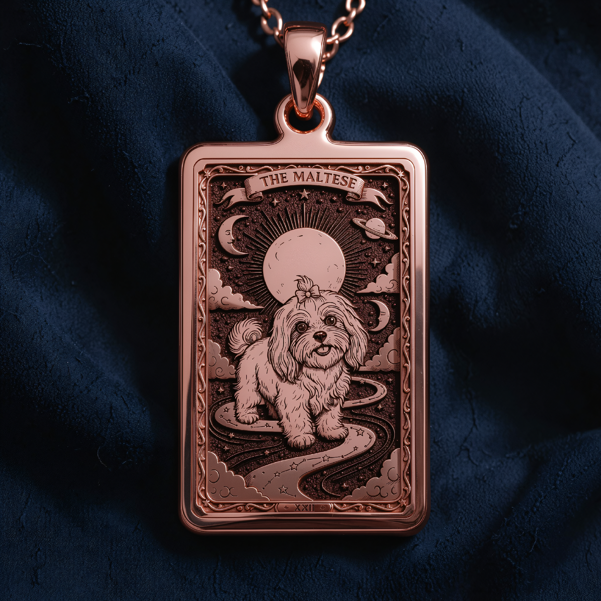 Custom Maltese Dog Mom Charm Necklace in a polished rose gold finish.