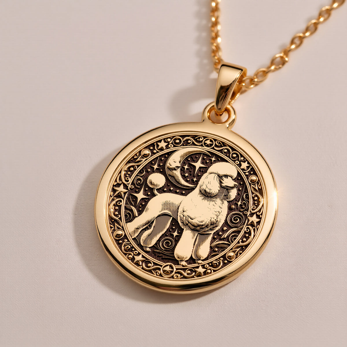 Custom Poodle Dog Medallion Pendant - 14K Solid Gold