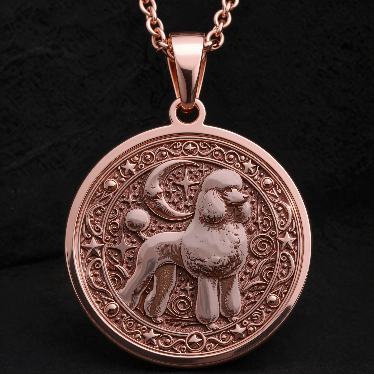 Custom Poodle Dog Medallion Pendant in a polished rose gold finish.