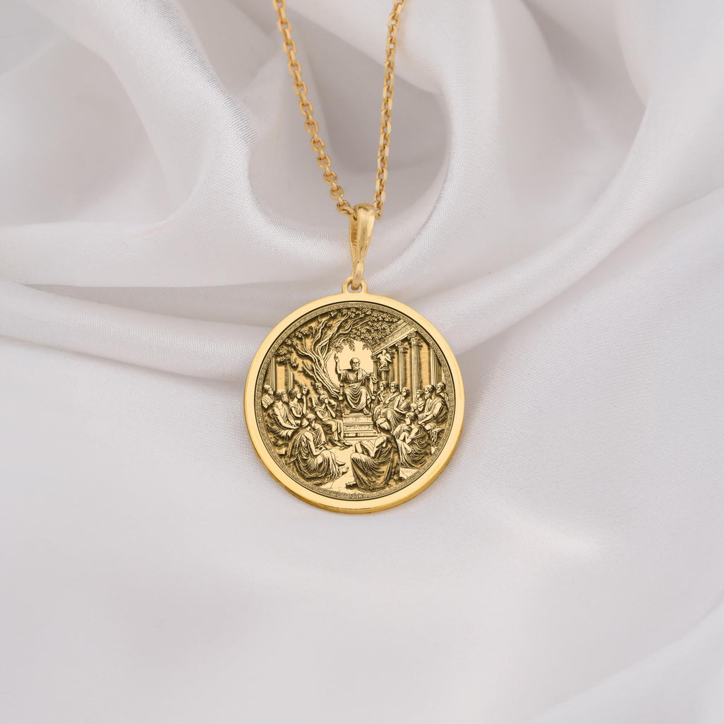 14K Solid Gold Plato Medallion featuring the philosopher teaching at his Academy. Ancient wisdom coin with detailed classical columns, olive tree, and gathered students. Luxury philosophical jewelry gift symbolizing higher knowledge and tradition.