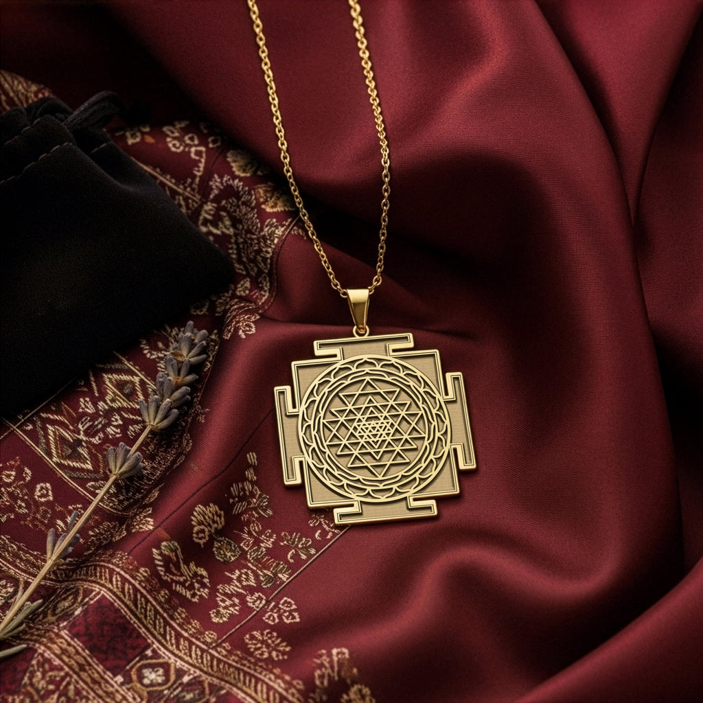 Sri Yantra necklace in silver - front view showing tradition
