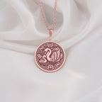 Rose Gold Plated Mother Baby Swan Medallion featuring protective mother swan with baby cygnet surrounded by ornate decorative elements. Elegant family jewelry with detailed maternal symbolism. Warm-toned love talisman.
