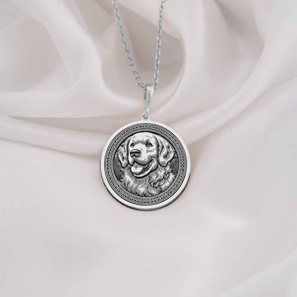 Golden Retriever Dog Pendant Necklace Necklaces 925 925 Sterling Silver dog portrait pendant necklace with round shape and chain.