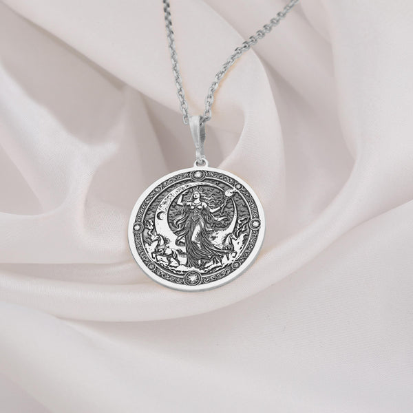 925 Sterling Silver Selene Medallion showcasing the ethereal Greek moon goddess with flowing hair and crescent symbol. Detailed celestial coin pendant with ornate starry border. Lunar goddess jewelry symbolizing divine feminine energy.