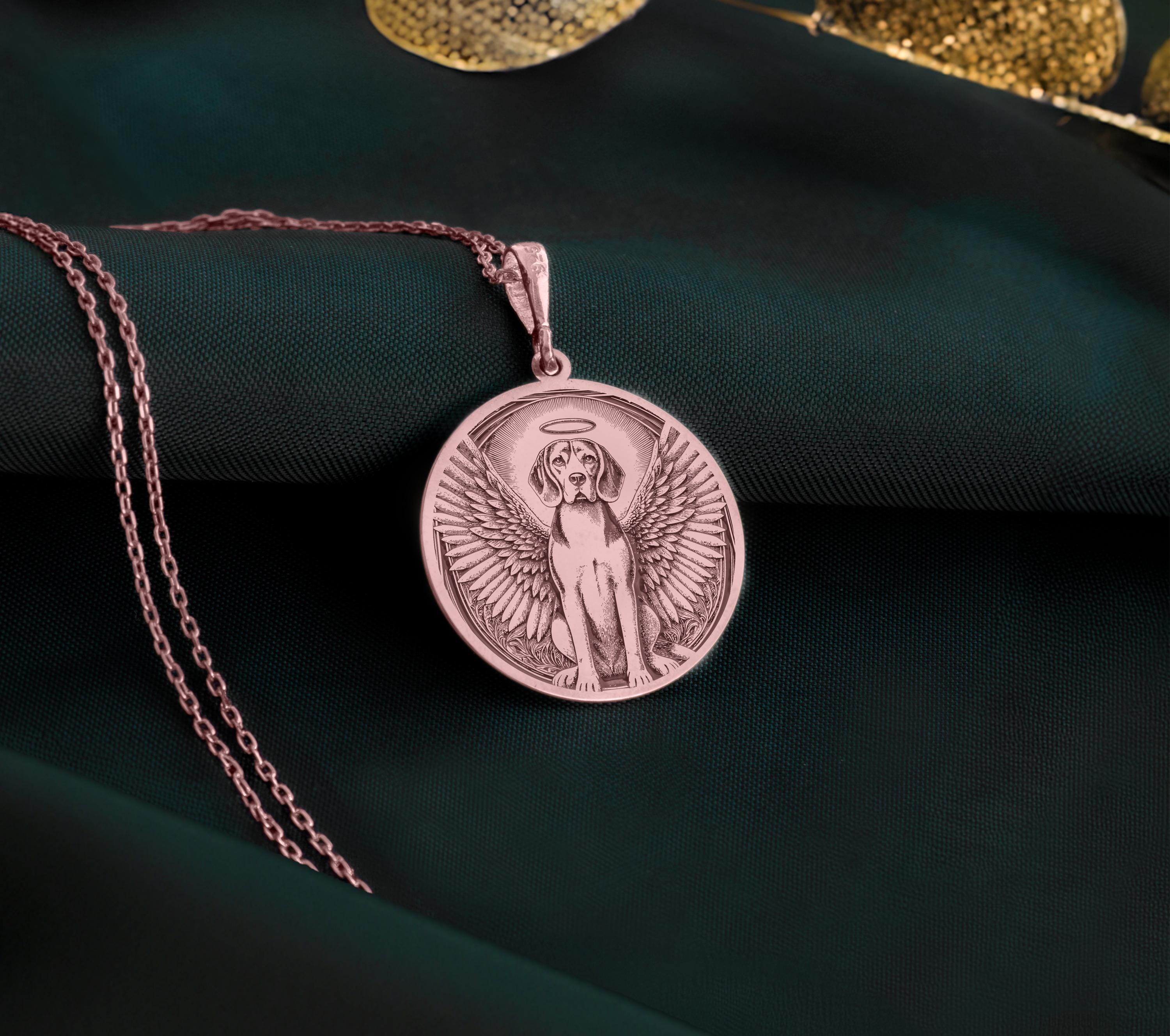 Rose Gold Plated Beagle Angel Pendant with memorial design. Warm-toned hound breed medallion with detailed wings, halo and distinctive features. Rainbow bridge jewelry celebrating eternal love and connection, perfect for grieving Beagle parents.