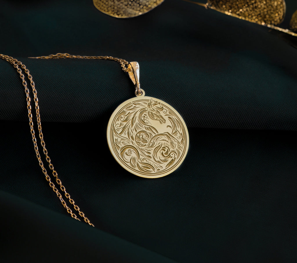 Line Art Horse Stallion Pendant Necklaces 14K 14K Gold Plated pendant necklace featuring ornate swirling scrollwork foliage design.