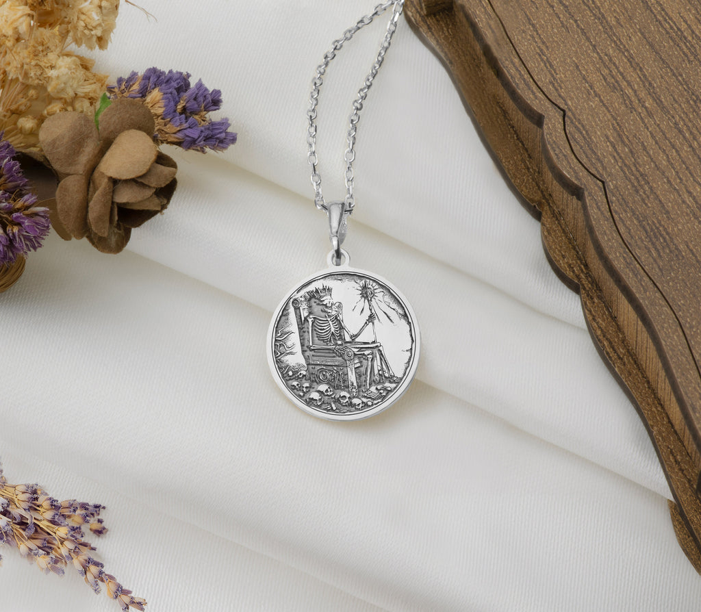 14K Solid Gold Skeleton Charm Necklace, Undead Silver Pendant, Rose Gold Throne Necklace, Royal Jewelry, Undead King Medallion, Throne Charm