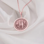 Rose Gold Plated Twin Cats Medallion featuring beloved bonded feline pair under celestial stars. Elegant memorial jewelry with detailed sibling cats and ornate design. Warm-toned starlit talisman, perfect comfort gift for cat loss.