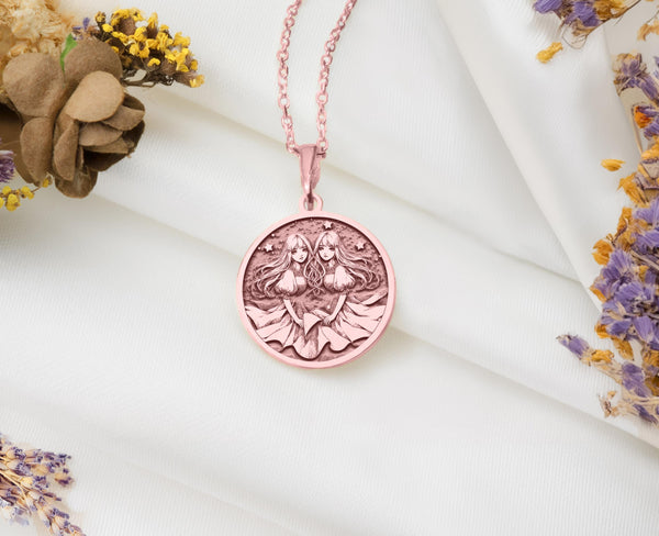 Gemini zodiac rose gold necklace, astrology-inspired jewelry, Gemini star sign pendant, celestial Gemini necklace, personalized Gemini gift, 14k rose gold Gemini zodiac necklace, horoscope jewelry for Gemini.