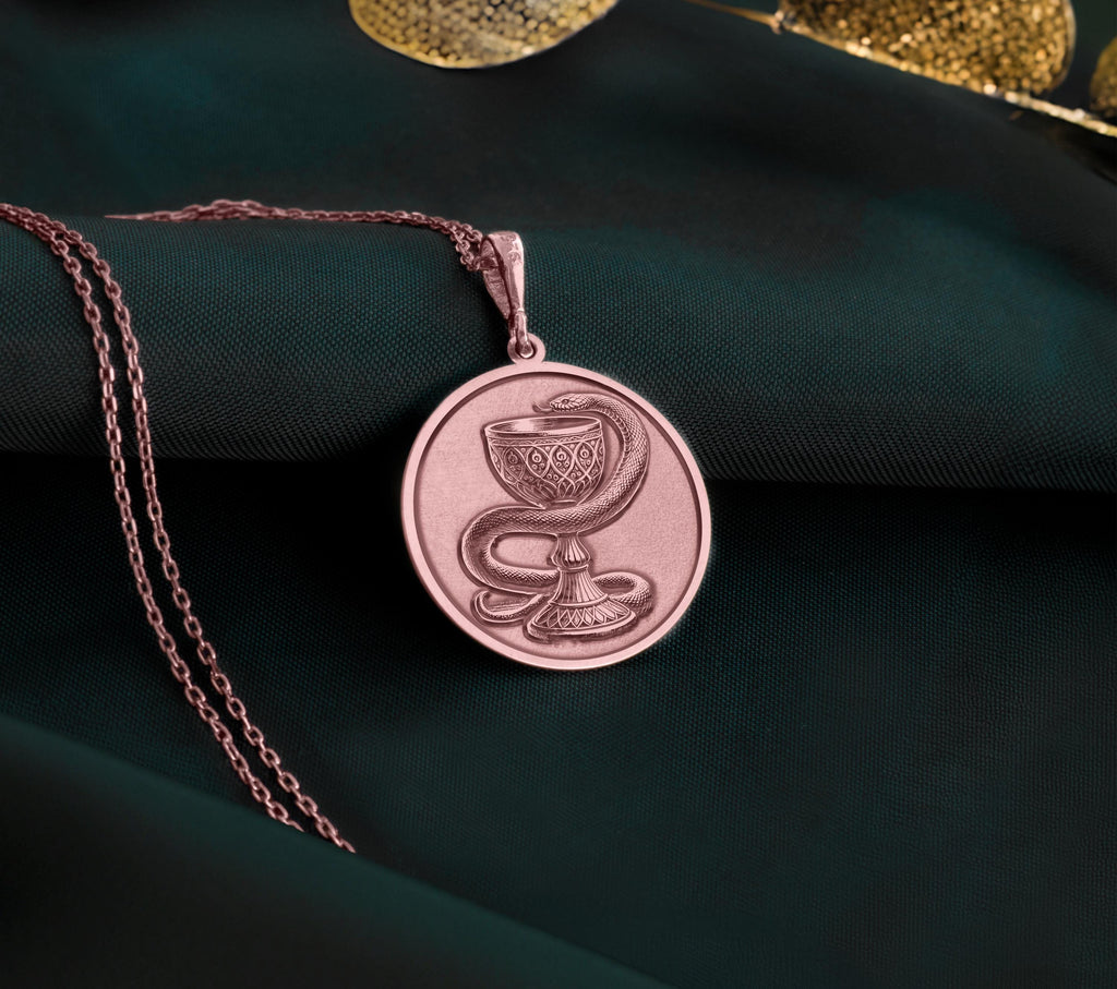 Bowl of Hygieia Necklace Pendants Rose 14K Rose 14K 14K Rose 14K 14K Rose Gold Plated round pendant necklace featuring an ornate vessel design.
