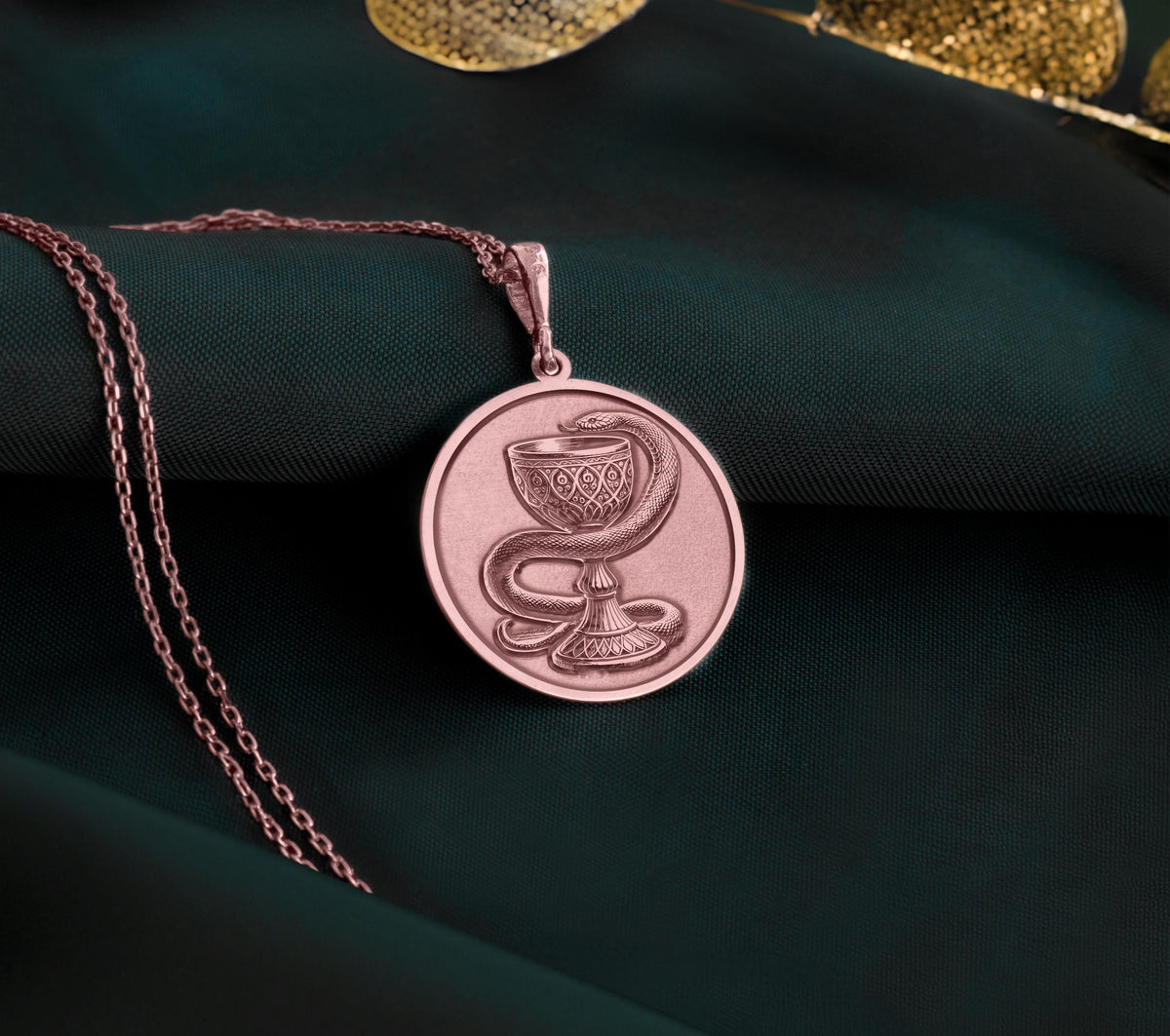 Bowl of Hygieia Necklace Pendants Rose 14K Rose 14K 14K Rose 14K 14K Rose Gold Plated round pendant necklace featuring an ornate vessel design.