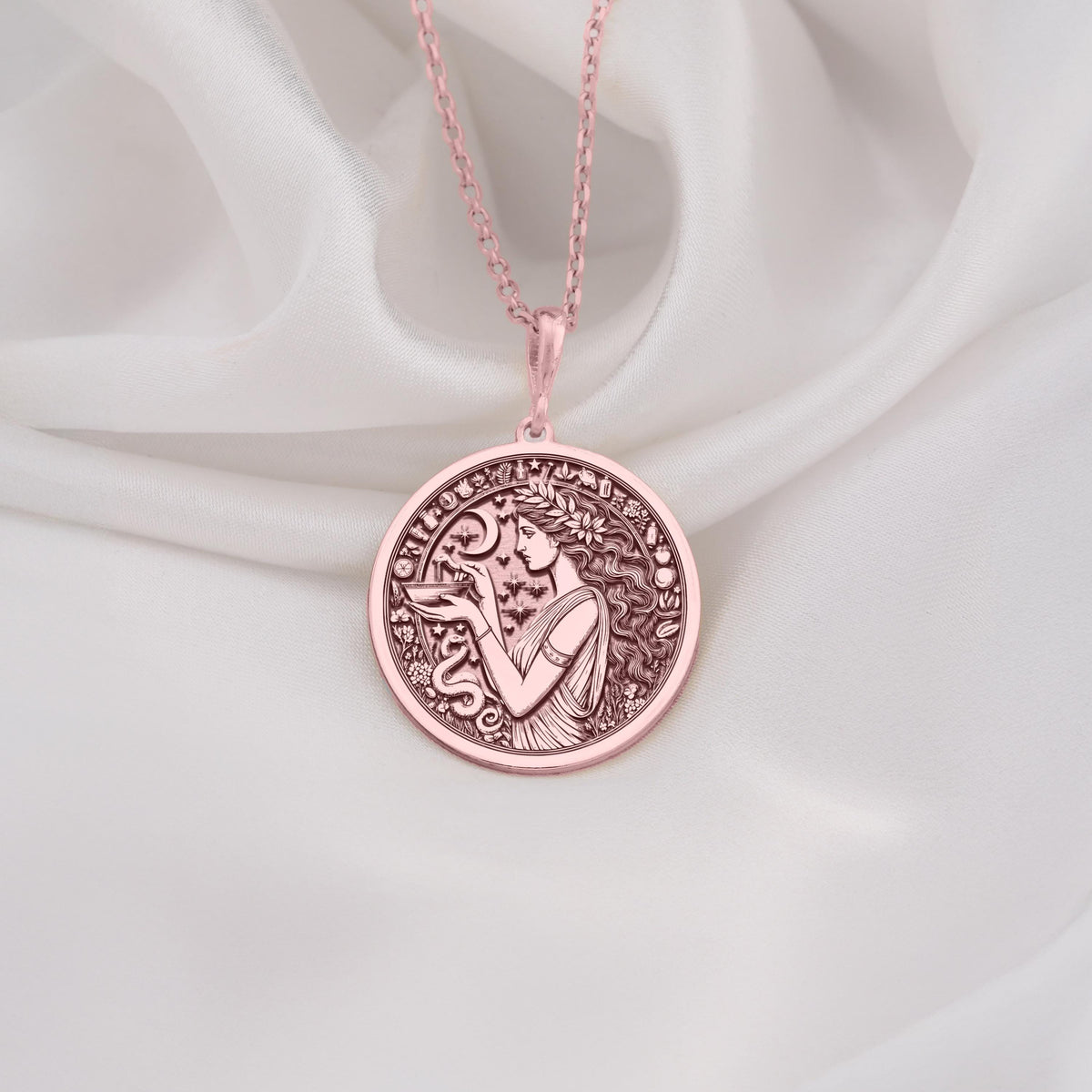 Hygieia Goddess Necklace Necklaces Rose 14K Rose 14K 14K Rose 14K 14K Rose Gold Plated round pendant featuring an engraved classical female portrait with floral wreath.