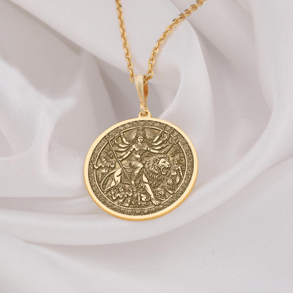 Maa Durga Gold Pendant Necklace, &quot;Durga Devi Spiritual Jewelry, Navaratri Durga Necklace
