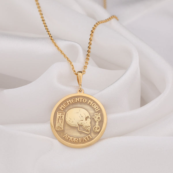 14K Solid Gold Memento Mori Necklace, Silver Memento Mori Necklace, Silver Amor Fati Necklace, Skull Pendant, Silver Amor Fati Pendant