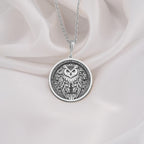 925 Sterling Silver Owl Medallion Pendant with detailed wisdom symbol. Silver owl talisman featuring intricate feather pattern. Spiritual medallion jewelry with ancient symbolism, perfect meaningful gift for graduates.