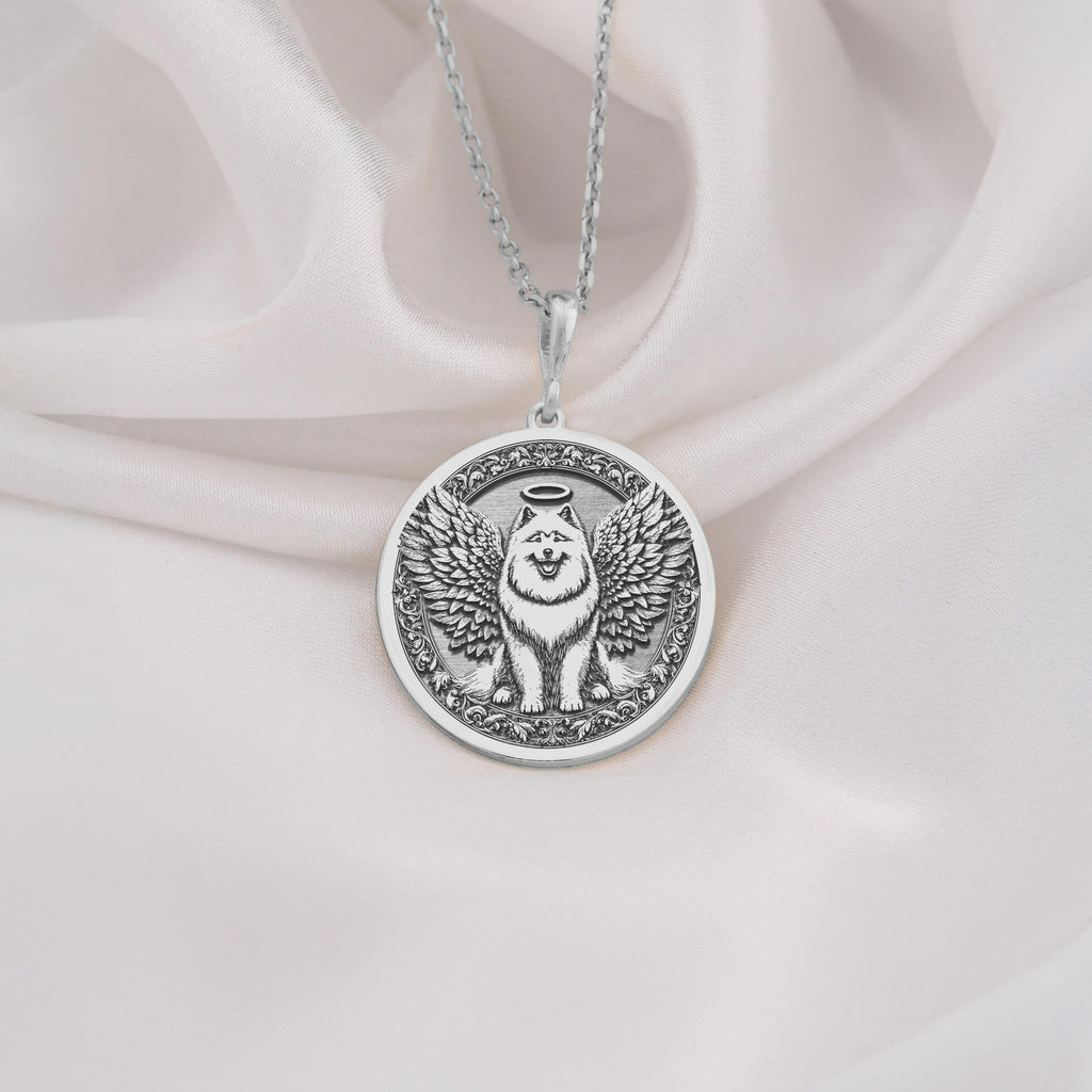 925 Sterling Silver Samoyed Angel Dog Medallion showcasing beloved arctic breed with angel wings and heavenly halo. Detailed memorial coin pendant with fluffy white coat and characteristic smile. Premium Samoyed loss jewelry symbolizing eternal love.
