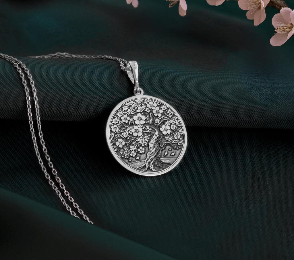 925 Sterling Silver Sakura Tree Pendant showcasing a delicate cherry blossom design, perfect for nature enthusiasts and timeless jewelry collectors.