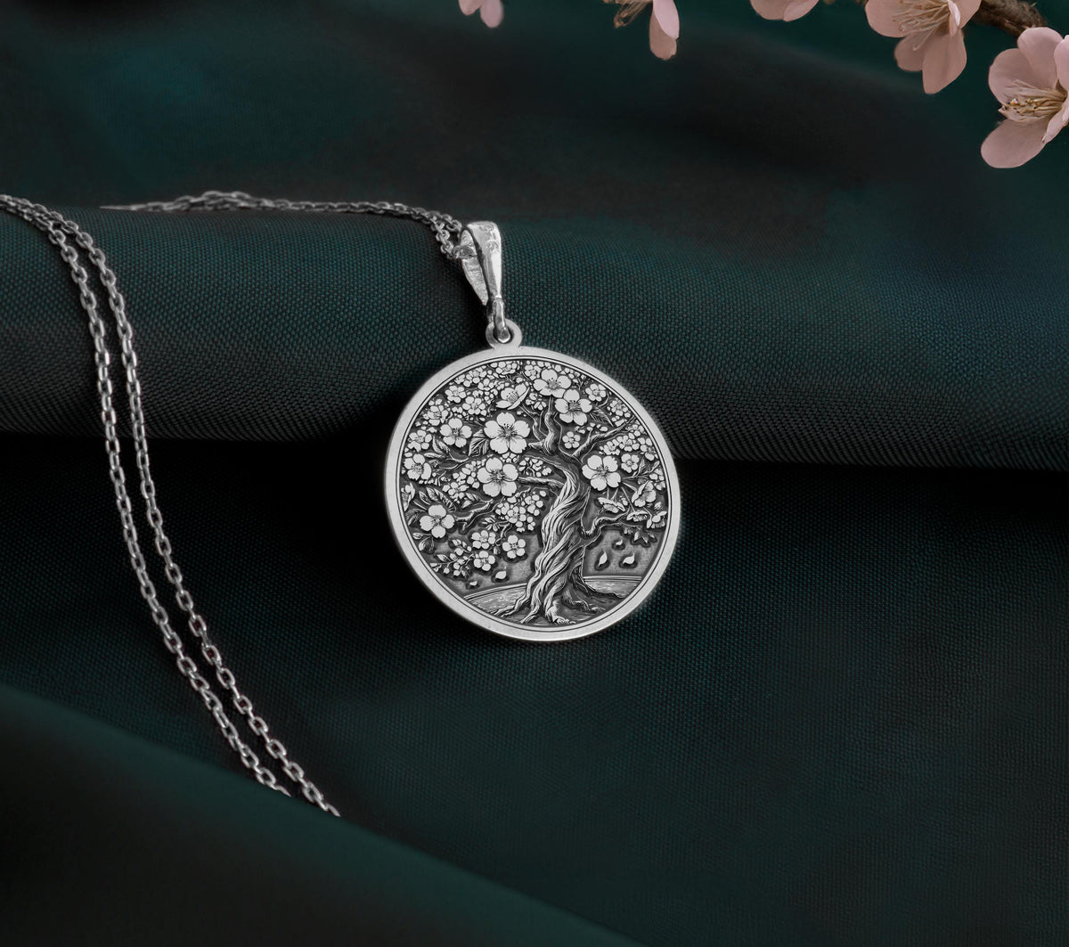 925 Sterling Silver Sakura Tree Pendant showcasing a delicate cherry blossom design, perfect for nature enthusiasts and timeless jewelry collectors.