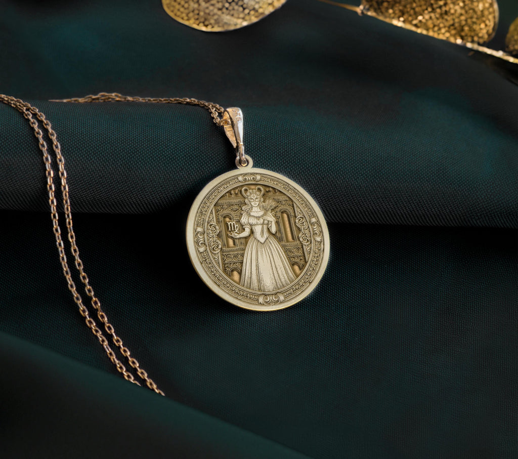 Virgo Woman Medallion with astrology symbolism. Detailed Virgo constellation pendant featuring maiden with wheat sheaf and celestial design. Elegant zodiac jewelry gift representing Virgo birth sign wisdom and celestial guidance.