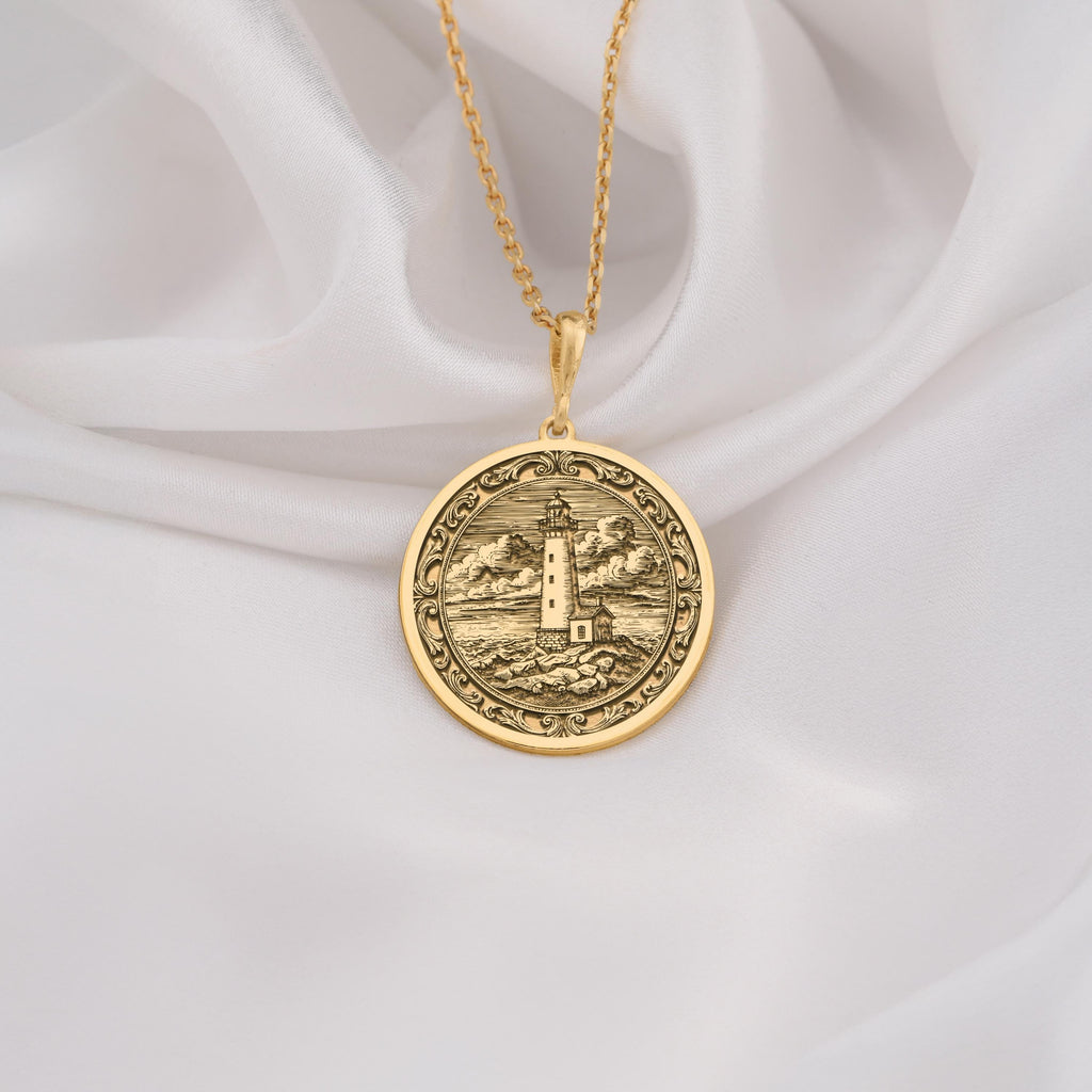Lighthouse Coastal Beacon Medallion Pendant Necklaces 14K 14K Gold Plated pendant necklace with engraved castle landscape design