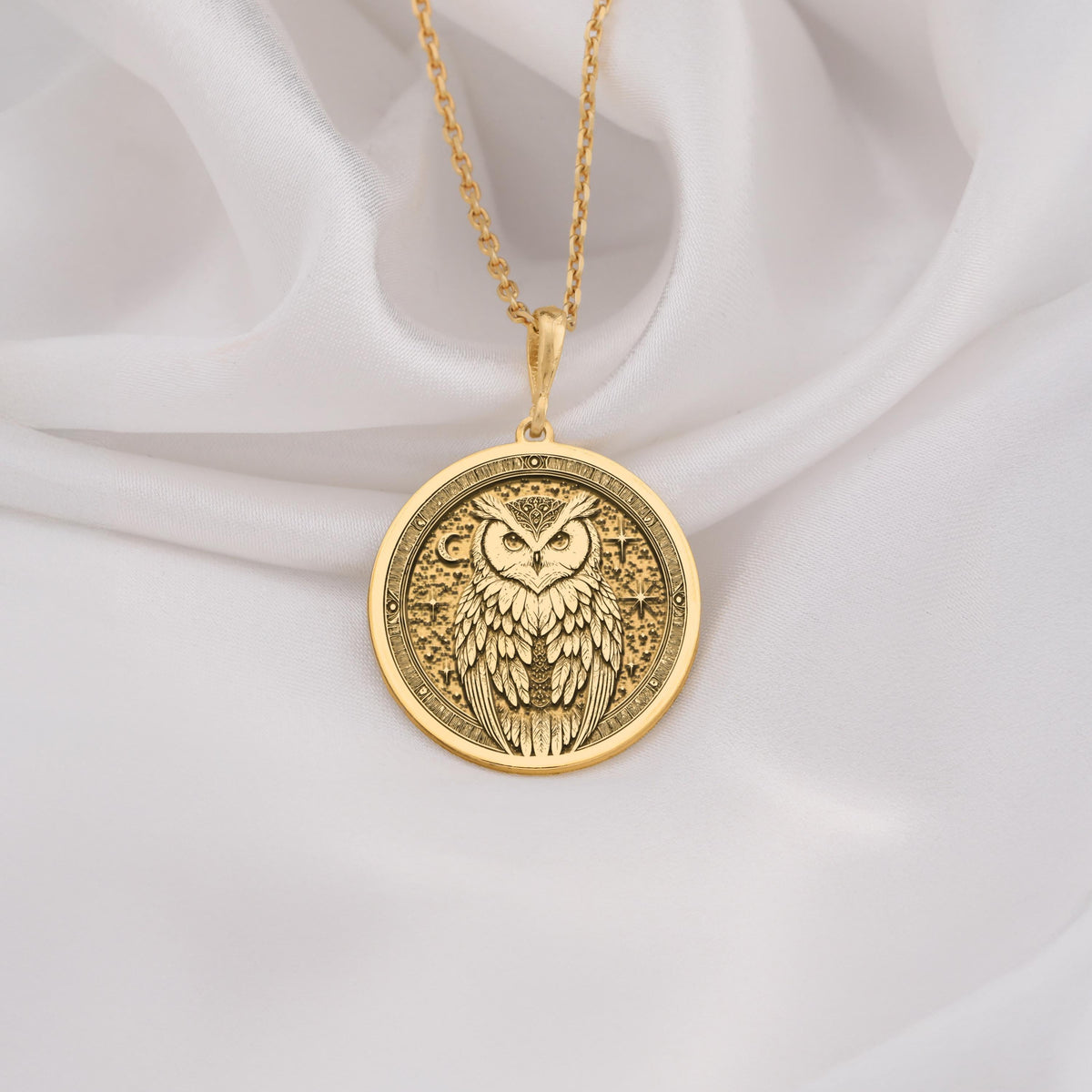 14K Solid Gold Owl Medallion Pendant with intricate feather details and symbolic design. Ancient wisdom talisman on gold chain. Luxury spiritual jewelry gift featuring detailed craftsmanship with textured surface and meaningful symbolism.