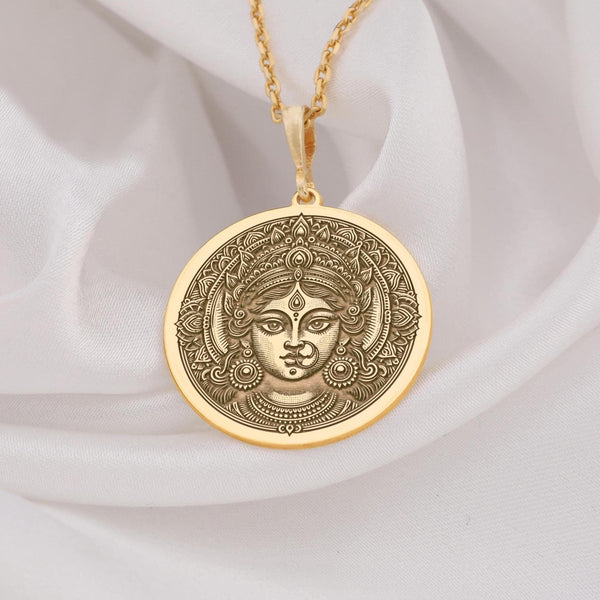 Gold Durga Coin Pendant necklace necklace, goddess pendant, Shakti amulet, Parvati-inspired, Kali protection, spiritual jewelry, boho style, Hindu feminine necklace, handcrafted gift for her, resilience symbol, layering pendant, lightweight, everyday