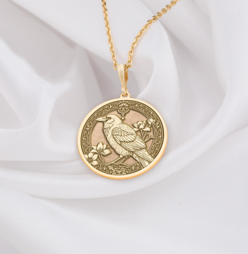 Unique Gold Raven bird pendant necklace , gothic bird pendant jewelry, antique style crow medallion, bird medallion necklace, gothic raven pendant, raven totem necklace, crow familiar jewelry, black raven pendant, celtic raven bird jewelry, victorian style crow pendant