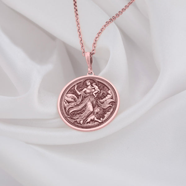 Rhea goddess pendant in Rose Gold Plated finish, a symbol of maternal love and divine strength. This Greek mythology medallion celebrates the Mother of the Gods, making it a meaningful gift for mothers, grandmothers, and goddess worshippers. Perfect for those drawn to spirituality, celestial energy, and handcrafted jewelry, this elegant piece carries a deep and timeless significance.